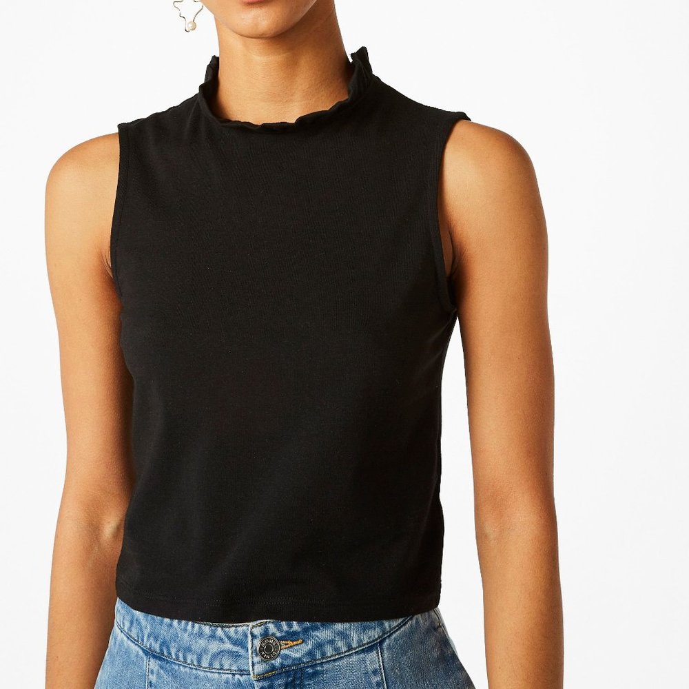 Monki Ruffle Neck Black Sleeveless Crop Top Small